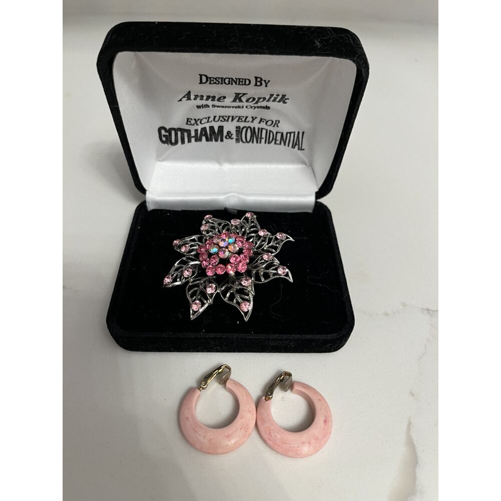 Swarovski Brooch Crystal Anne Koplik Earrings Clip On Jewelry Vintage Lot Pink